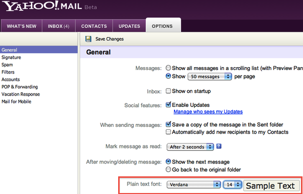 Yahoo Mail Plain Text Font Options