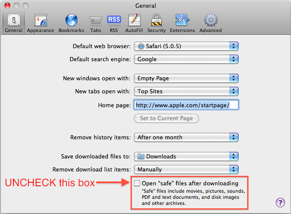 Safari Preferences - General - Open safe files after downloading