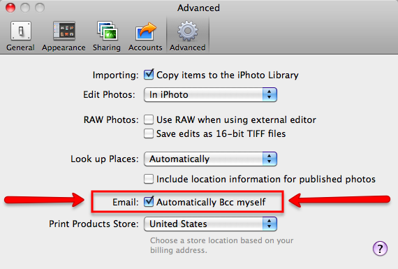 iPhoto Advanced Preference - Automatically Bcc myself