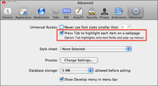 Safari "Press Tab to highlight each item on a webpage"
